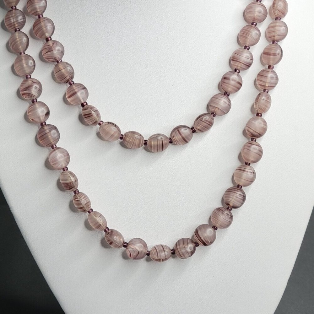 Womens Purple Swirl Glass Beads Single Strand Handmade Necklace 32 in